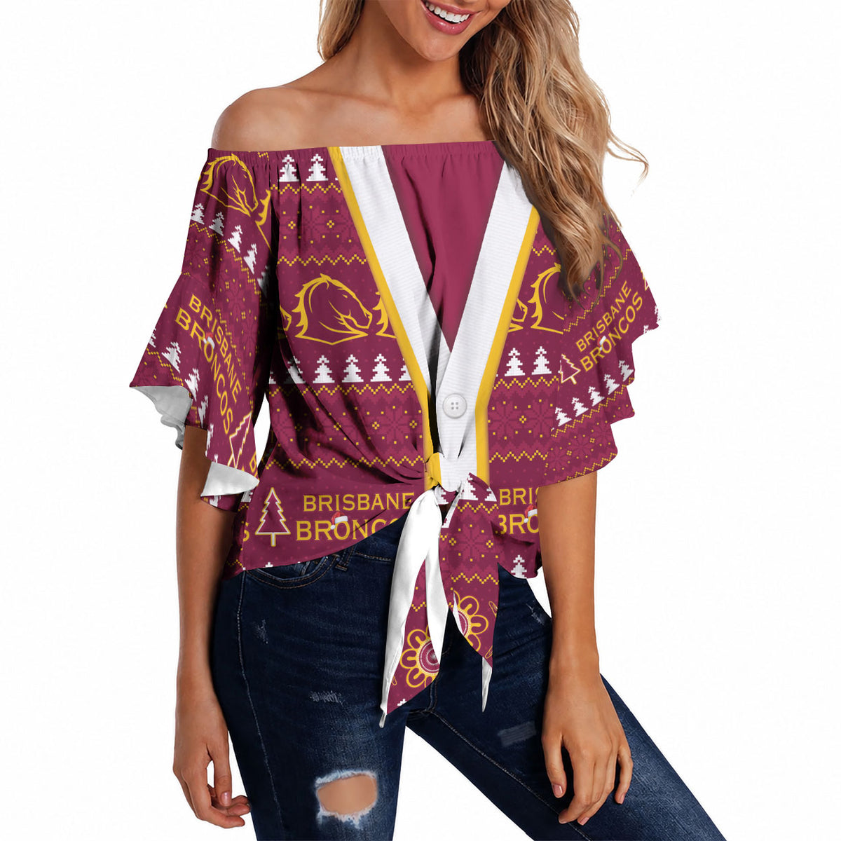 Brisbane Broncos Rugby Christmas Off Shoulder Wrap Waist Top Aboriginal Seamless Cardigan Inspired