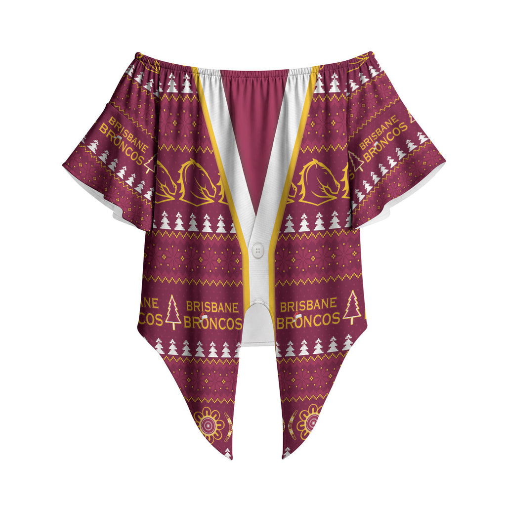 Brisbane Broncos Rugby Christmas Off Shoulder Wrap Waist Top Aboriginal Seamless Cardigan Inspired