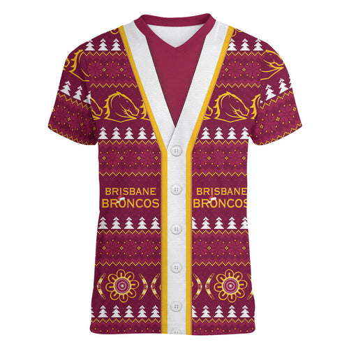 Brisbane Broncos Rugby Christmas Women V-Neck T-Shirt Aboriginal Seamless Cardigan Inspired