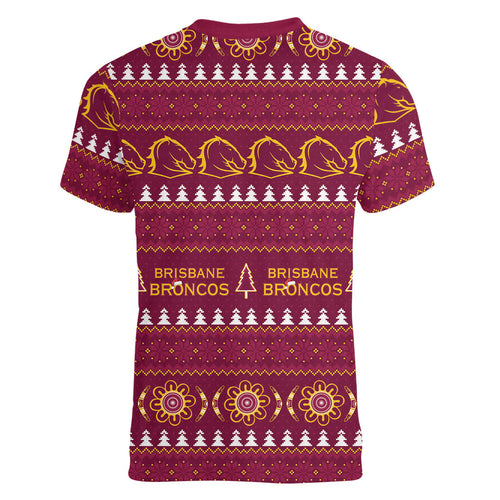 Brisbane Broncos Rugby Christmas Women V-Neck T-Shirt Aboriginal Seamless Cardigan Inspired