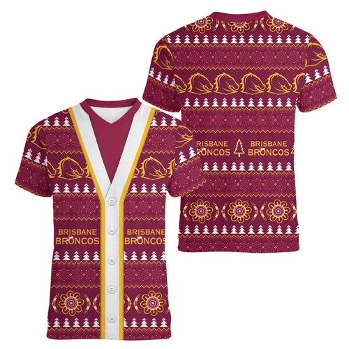 Brisbane Broncos Rugby Christmas Women V-Neck T-Shirt Aboriginal Seamless Cardigan Inspired