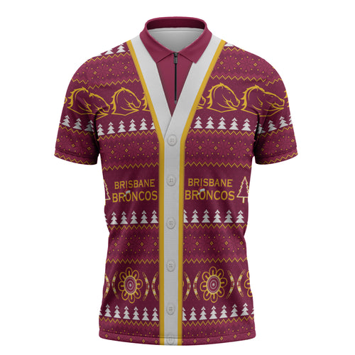 Brisbane Broncos Rugby Christmas Zipper Polo Shirt Aboriginal Seamless Cardigan Inspired