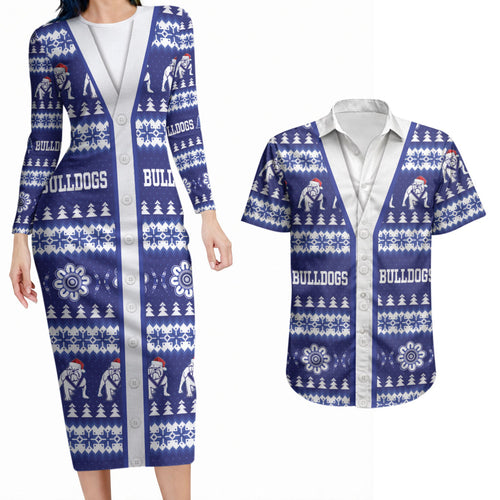 Bulldogs Rugby Christmas Couples Matching Long Sleeve Bodycon Dress and Hawaiian Shirt Aboriginal Seamless Cardigan Inspired