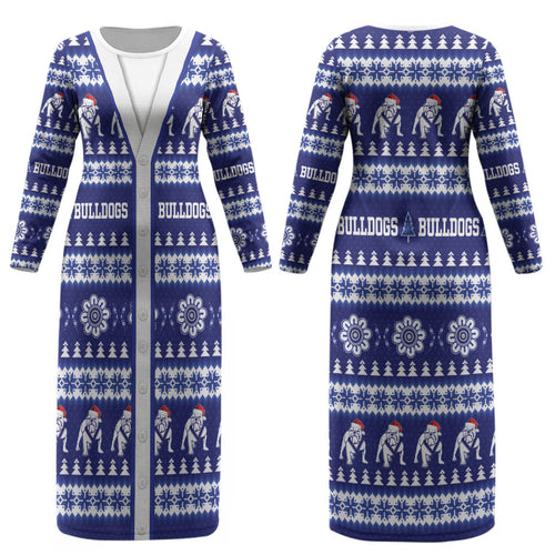 Bulldogs Rugby Christmas Couples Matching Long Sleeve Bodycon Dress and Hawaiian Shirt Aboriginal Seamless Cardigan Inspired