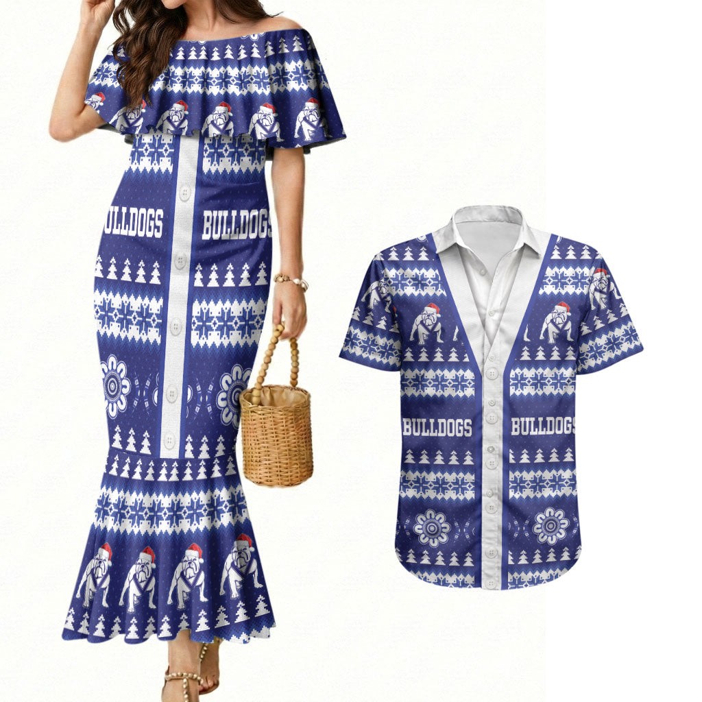 Bulldogs Rugby Christmas Couples Matching Mermaid Dress and Hawaiian Shirt Aboriginal Seamless Cardigan Inspired