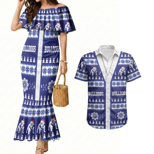 Bulldogs Rugby Christmas Couples Matching Mermaid Dress and Hawaiian Shirt Aboriginal Seamless Cardigan Inspired