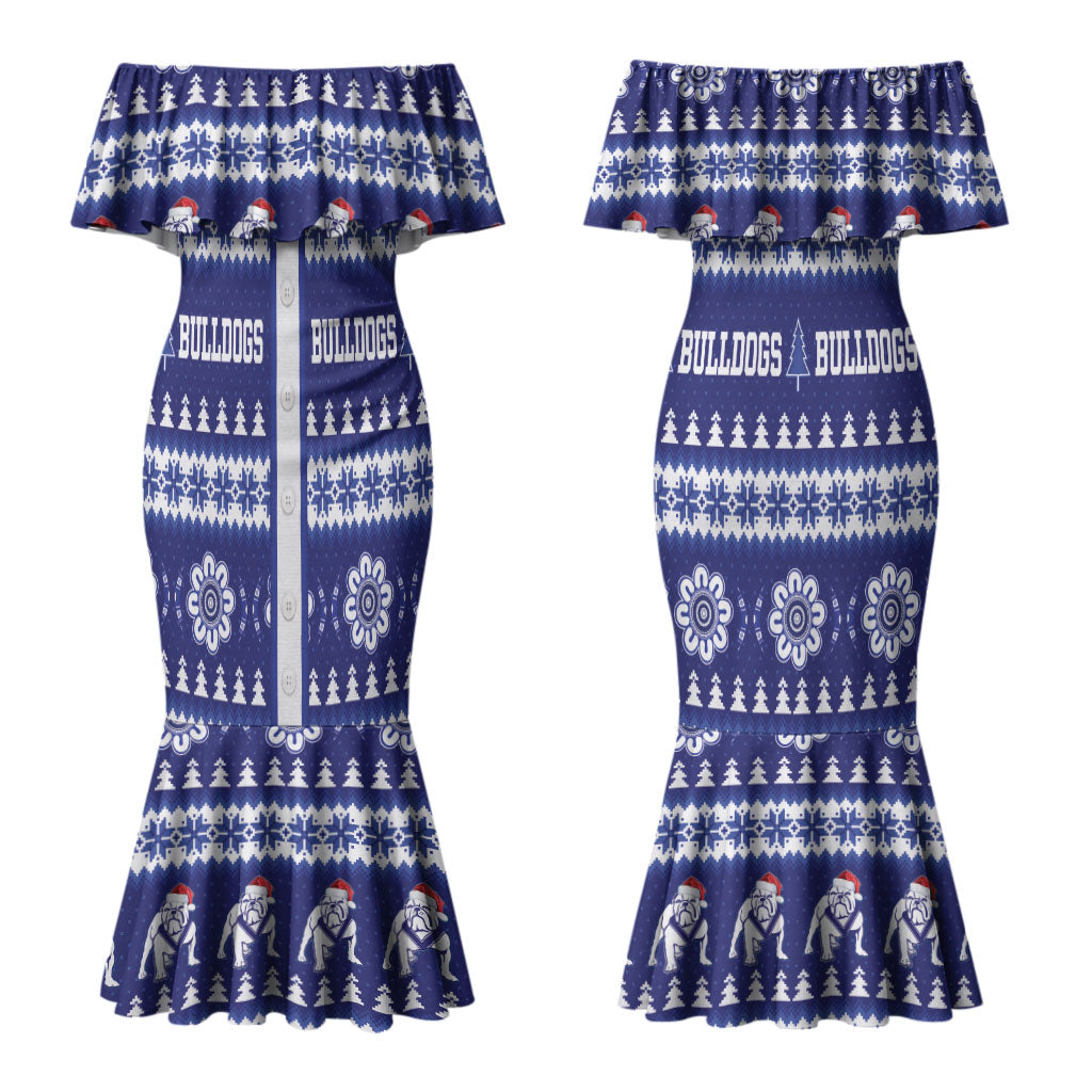 Bulldogs Rugby Christmas Couples Matching Mermaid Dress and Hawaiian Shirt Aboriginal Seamless Cardigan Inspired