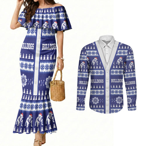 Bulldogs Rugby Christmas Couples Matching Mermaid Dress and Long Sleeve Button Shirt Aboriginal Seamless Cardigan Inspired