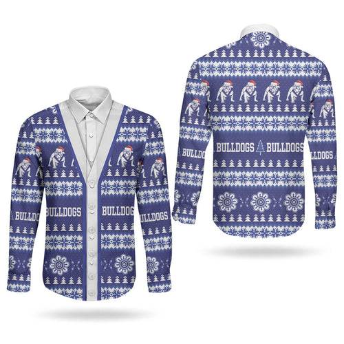 Bulldogs Rugby Christmas Couples Matching Mermaid Dress and Long Sleeve Button Shirt Aboriginal Seamless Cardigan Inspired