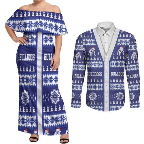 Bulldogs Rugby Christmas Couples Matching Off Shoulder Maxi Dress and Long Sleeve Button Shirt Aboriginal Seamless Cardigan Inspired