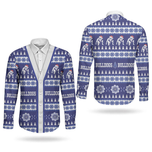 Bulldogs Rugby Christmas Couples Matching Off Shoulder Maxi Dress and Long Sleeve Button Shirt Aboriginal Seamless Cardigan Inspired