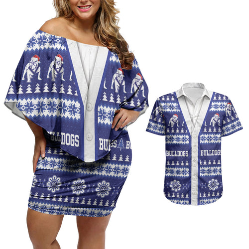 Bulldogs Rugby Christmas Couples Matching Off Shoulder Short Dress and Hawaiian Shirt Aboriginal Seamless Cardigan Inspired