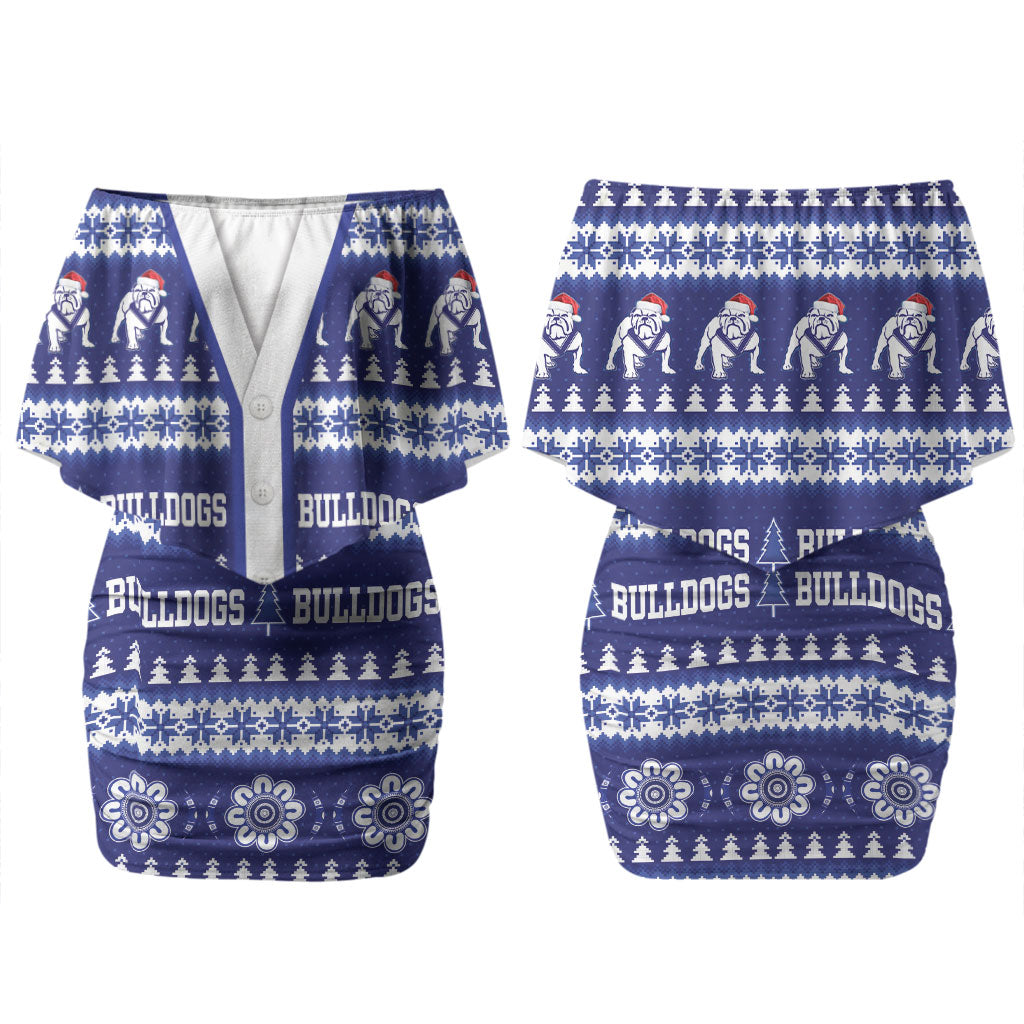 Bulldogs Rugby Christmas Couples Matching Off Shoulder Short Dress and Hawaiian Shirt Aboriginal Seamless Cardigan Inspired