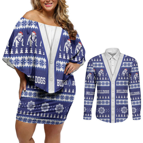Bulldogs Rugby Christmas Couples Matching Off Shoulder Short Dress and Long Sleeve Button Shirt Aboriginal Seamless Cardigan Inspired