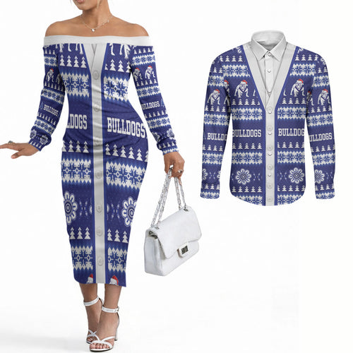Bulldogs Rugby Christmas Couples Matching Off The Shoulder Long Sleeve Dress and Long Sleeve Button Shirt Aboriginal Seamless Cardigan Inspired