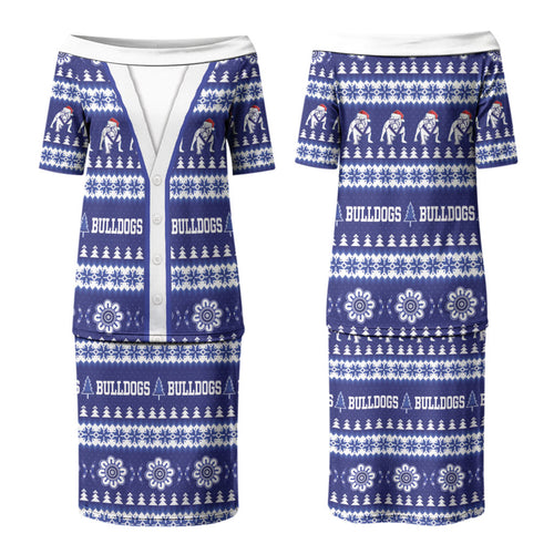 Bulldogs Rugby Christmas Couples Matching Puletasi and Long Sleeve Button Shirt Aboriginal Seamless Cardigan Inspired