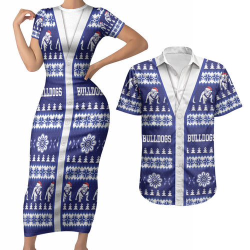 Bulldogs Rugby Christmas Couples Matching Short Sleeve Bodycon Dress and Hawaiian Shirt Aboriginal Seamless Cardigan Inspired