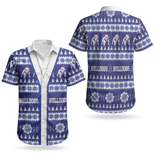Bulldogs Rugby Christmas Couples Matching Short Sleeve Bodycon Dress and Hawaiian Shirt Aboriginal Seamless Cardigan Inspired