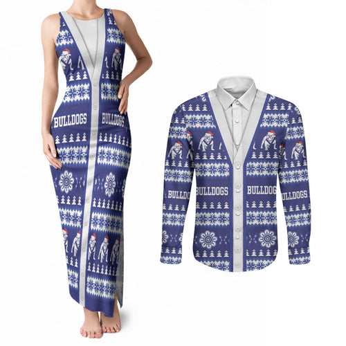 Bulldogs Rugby Christmas Couples Matching Tank Maxi Dress and Long Sleeve Button Shirt Aboriginal Seamless Cardigan Inspired