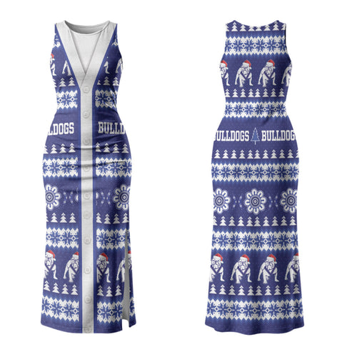 Bulldogs Rugby Christmas Couples Matching Tank Maxi Dress and Long Sleeve Button Shirt Aboriginal Seamless Cardigan Inspired