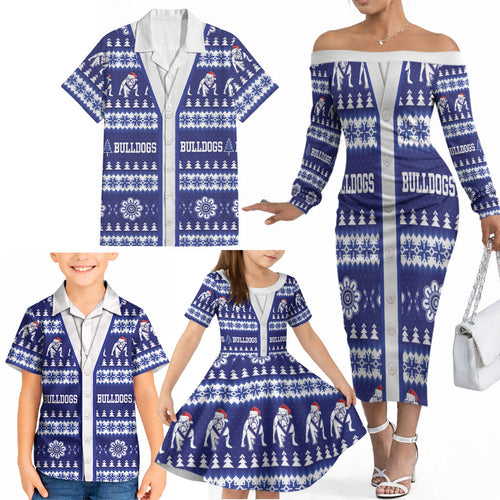 Bulldogs Rugby Christmas Family Matching Off The Shoulder Long Sleeve Dress and Hawaiian Shirt Aboriginal Seamless Cardigan Inspired