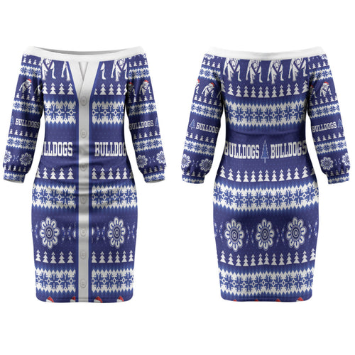 Bulldogs Rugby Christmas Family Matching Off The Shoulder Long Sleeve Dress and Hawaiian Shirt Aboriginal Seamless Cardigan Inspired