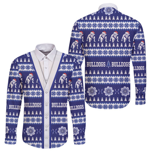 Bulldogs Rugby Christmas Family Matching Off The Shoulder Long Sleeve Dress and Hawaiian Shirt Aboriginal Seamless Cardigan Inspired
