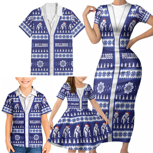 Bulldogs Rugby Christmas Family Matching Short Sleeve Bodycon Dress and Hawaiian Shirt Aboriginal Seamless Cardigan Inspired