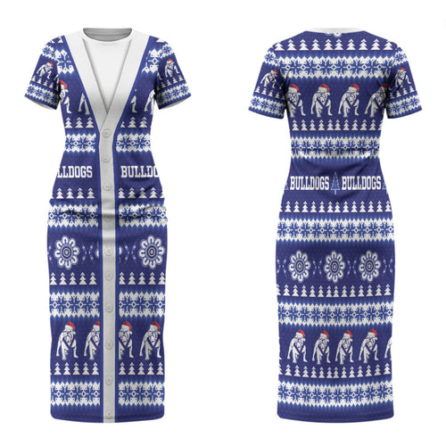 Bulldogs Rugby Christmas Family Matching Short Sleeve Bodycon Dress and Hawaiian Shirt Aboriginal Seamless Cardigan Inspired