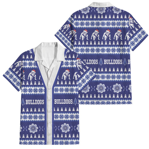 Bulldogs Rugby Christmas Family Matching Short Sleeve Bodycon Dress and Hawaiian Shirt Aboriginal Seamless Cardigan Inspired