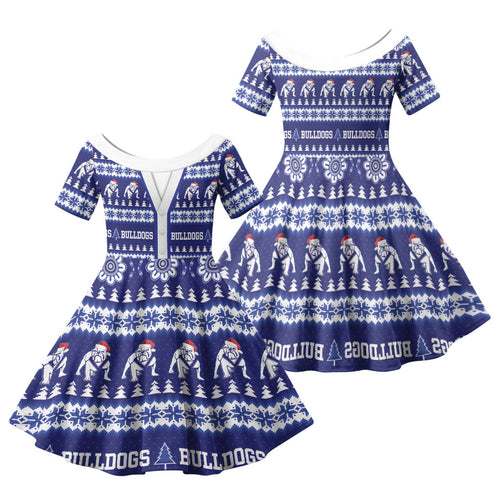 Bulldogs Rugby Christmas Family Matching Short Sleeve Bodycon Dress and Hawaiian Shirt Aboriginal Seamless Cardigan Inspired