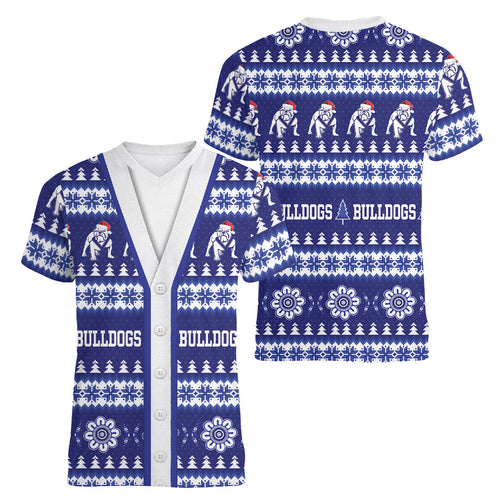 Bulldogs Rugby Christmas Women V-Neck T-Shirt Aboriginal Seamless Cardigan Inspired