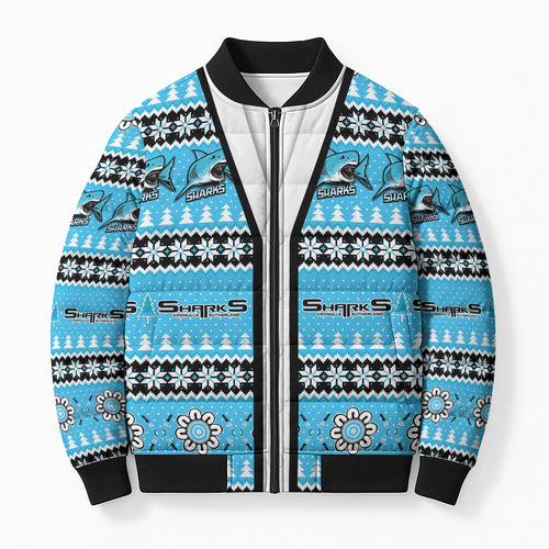 Sharks Rugby Christmas Bomber Puffer Jacket Aboriginal Seamless Cardigan Inspired