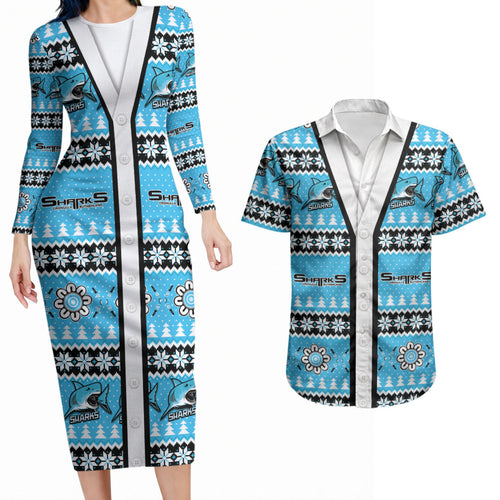 Sharks Rugby Christmas Couples Matching Long Sleeve Bodycon Dress and Hawaiian Shirt Aboriginal Seamless Cardigan Inspired