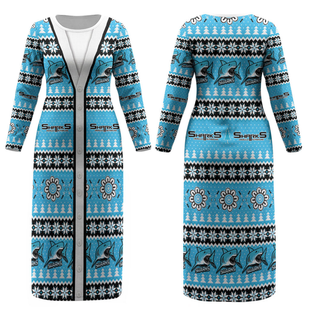 Sharks Rugby Christmas Couples Matching Long Sleeve Bodycon Dress and Hawaiian Shirt Aboriginal Seamless Cardigan Inspired