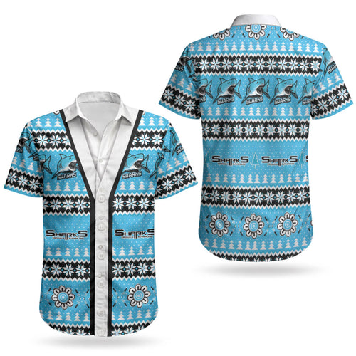 Sharks Rugby Christmas Couples Matching Mermaid Dress and Hawaiian Shirt Aboriginal Seamless Cardigan Inspired