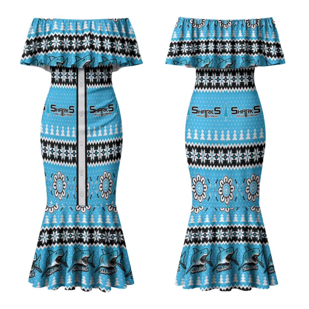 Sharks Rugby Christmas Couples Matching Mermaid Dress and Hawaiian Shirt Aboriginal Seamless Cardigan Inspired