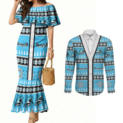 Sharks Rugby Christmas Couples Matching Mermaid Dress and Long Sleeve Button Shirt Aboriginal Seamless Cardigan Inspired