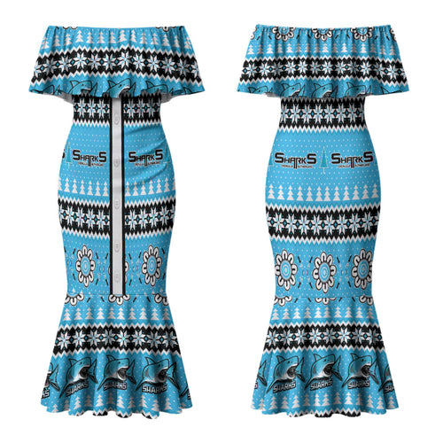 Sharks Rugby Christmas Couples Matching Mermaid Dress and Long Sleeve Button Shirt Aboriginal Seamless Cardigan Inspired