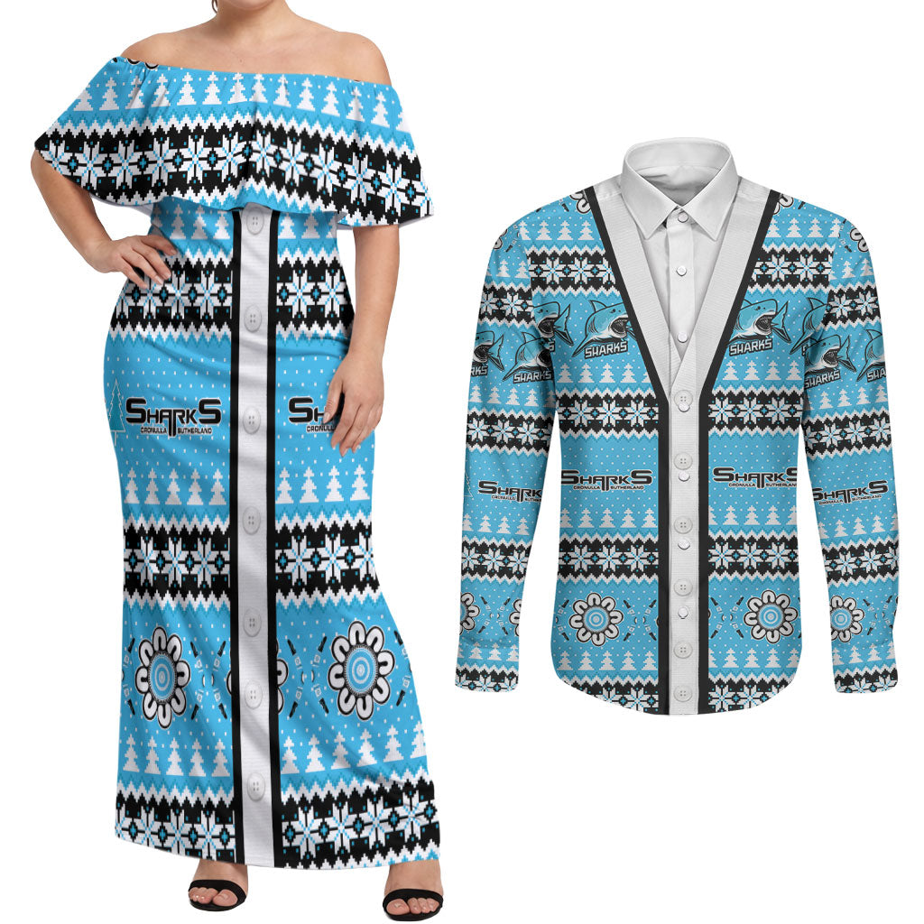 Sharks Rugby Christmas Couples Matching Off Shoulder Maxi Dress and Long Sleeve Button Shirt Aboriginal Seamless Cardigan Inspired