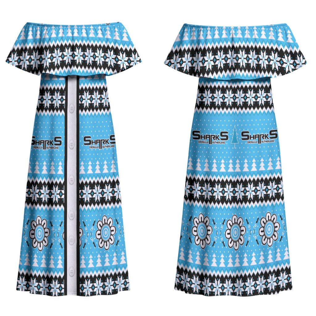 Sharks Rugby Christmas Couples Matching Off Shoulder Maxi Dress and Long Sleeve Button Shirt Aboriginal Seamless Cardigan Inspired