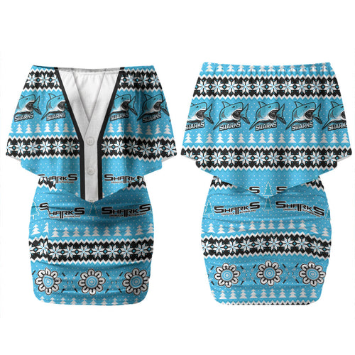 Sharks Rugby Christmas Couples Matching Off Shoulder Short Dress and Long Sleeve Button Shirt Aboriginal Seamless Cardigan Inspired