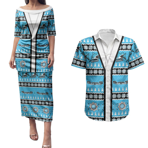 Sharks Rugby Christmas Couples Matching Puletasi and Hawaiian Shirt Aboriginal Seamless Cardigan Inspired