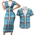 Sharks Rugby Christmas Couples Matching Short Sleeve Bodycon Dress and Hawaiian Shirt Aboriginal Seamless Cardigan Inspired