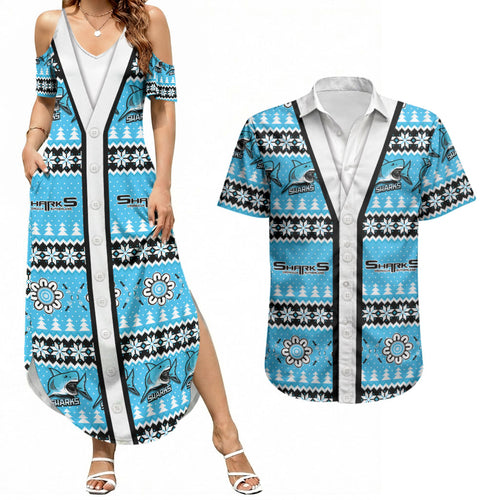 Sharks Rugby Christmas Couples Matching Summer Maxi Dress and Hawaiian Shirt Aboriginal Seamless Cardigan Inspired