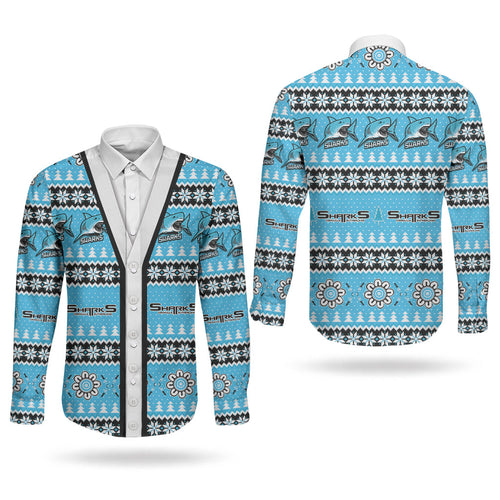 Sharks Rugby Christmas Couples Matching Tank Maxi Dress and Long Sleeve Button Shirt Aboriginal Seamless Cardigan Inspired