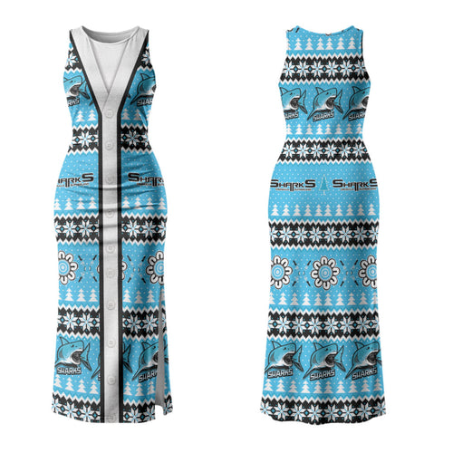 Sharks Rugby Christmas Couples Matching Tank Maxi Dress and Long Sleeve Button Shirt Aboriginal Seamless Cardigan Inspired