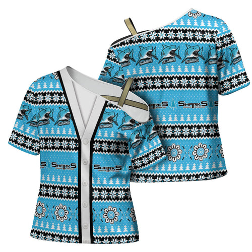 Sharks Rugby Christmas Cross Shoulder Shirt Aboriginal Seamless Cardigan Inspired