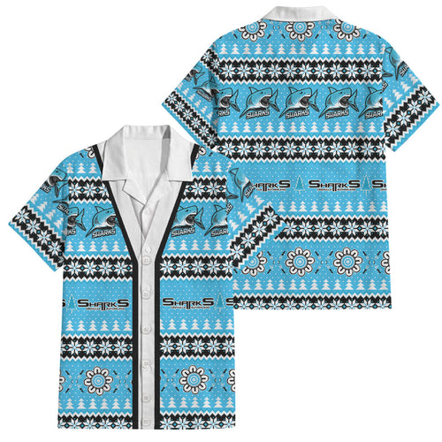 Sharks Rugby Christmas Family Matching Off The Shoulder Long Sleeve Dress and Hawaiian Shirt Aboriginal Seamless Cardigan Inspired