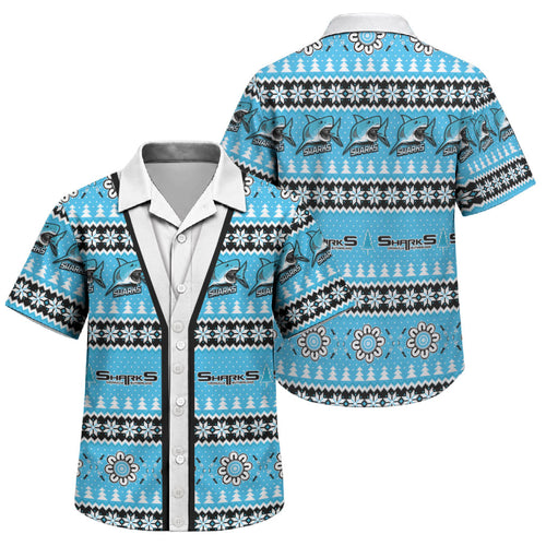 Sharks Rugby Christmas Family Matching Off The Shoulder Long Sleeve Dress and Hawaiian Shirt Aboriginal Seamless Cardigan Inspired